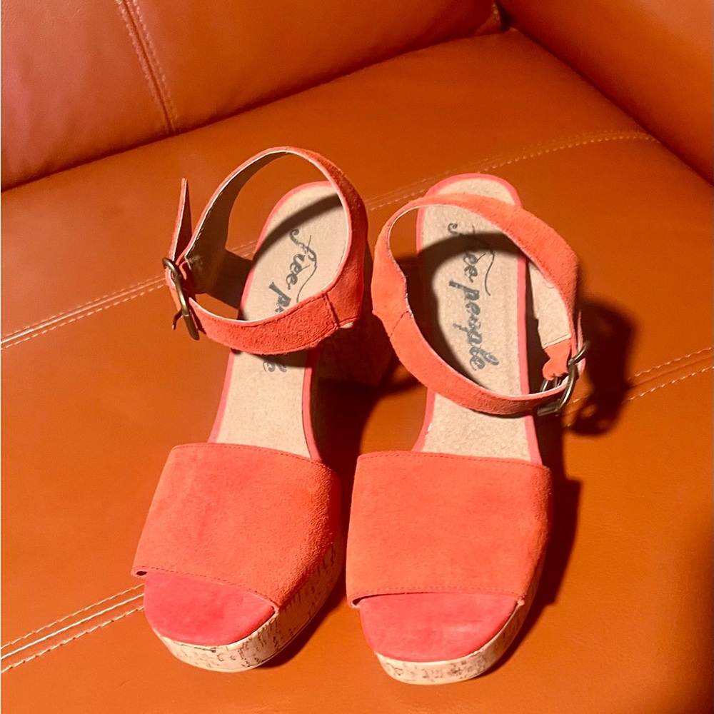 Free People sandals orange suede with cork heel. Size 10.